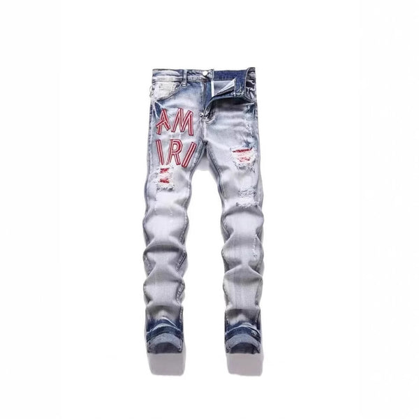 Slim Fit Embroidered Patch Denim Pants for Men