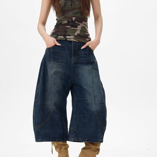 Vintage Washed Distressed Denim Wide Leg Pants