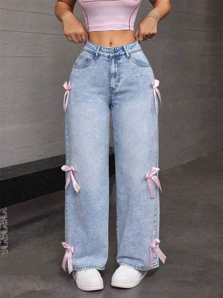 Bow-Accented Washed Jeans
