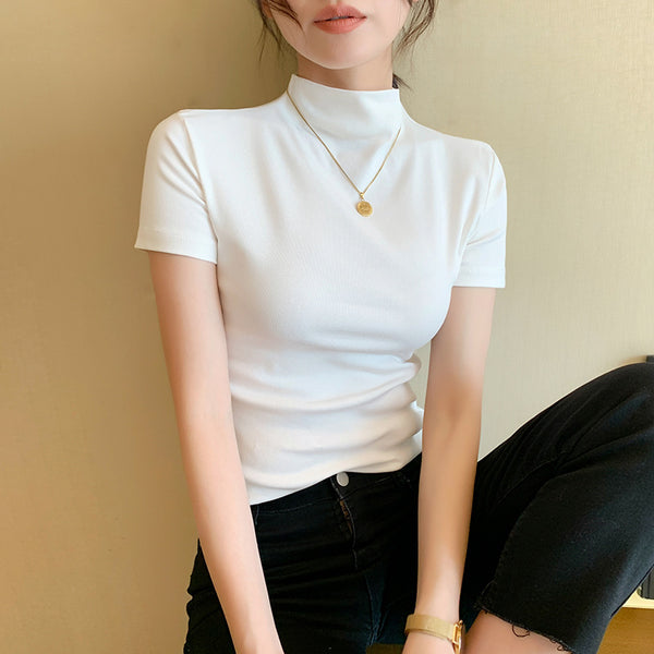 Half Turtleneck Short-Sleeve Cotton Shirt