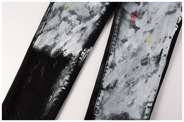Hole-punched oil painting jeans