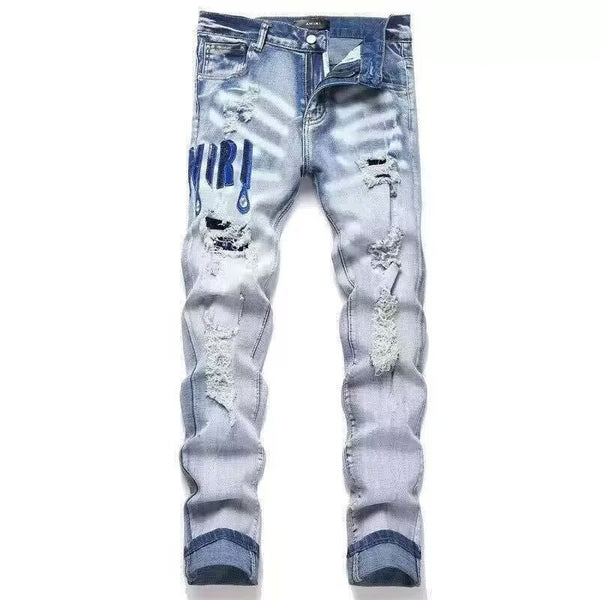 Slim Fit Embroidered Patch Denim Pants for Men