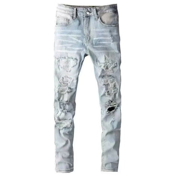 Slim Fit Embroidered Patch Denim Pants for Men