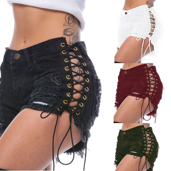 Ripped Lace-Up Denim Shorts