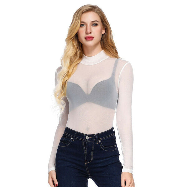 Black Sheer Long-Sleeve Tops