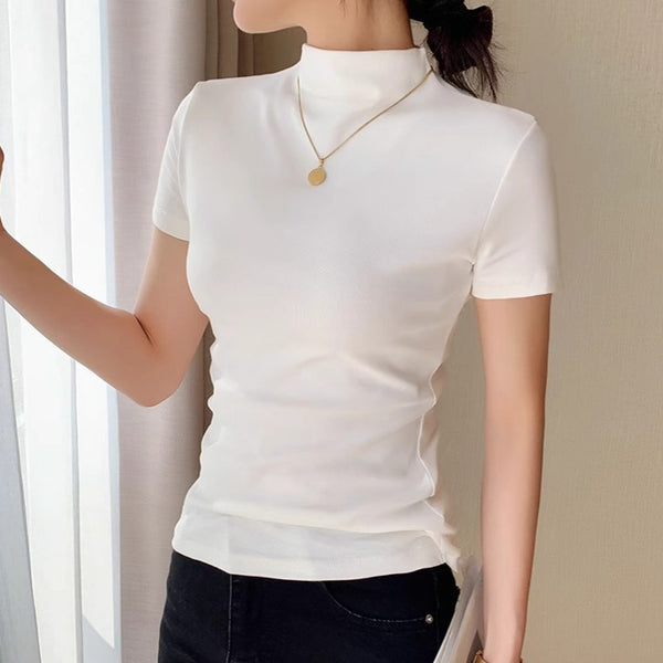 Half Turtleneck Short-Sleeve Cotton Shirt