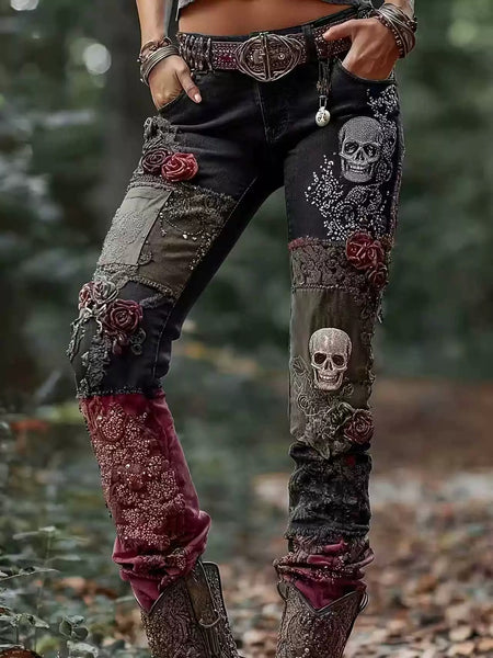 Mens 3D Print Skull Design Slim Fit Pants