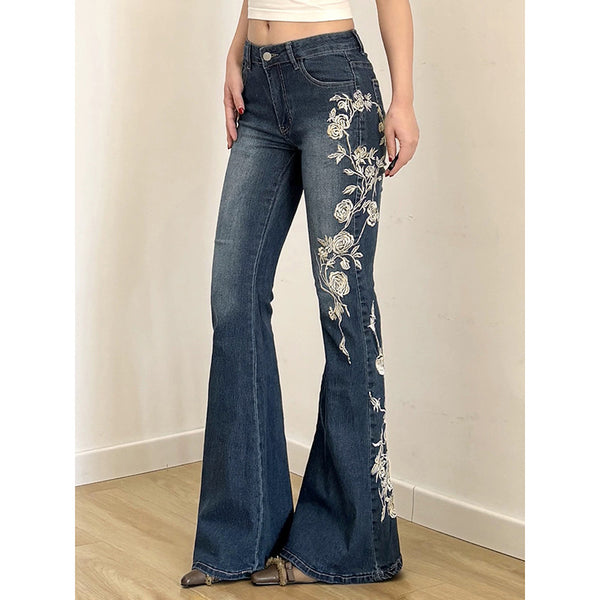 Rose Embroidered Denim Bootcut Jeans