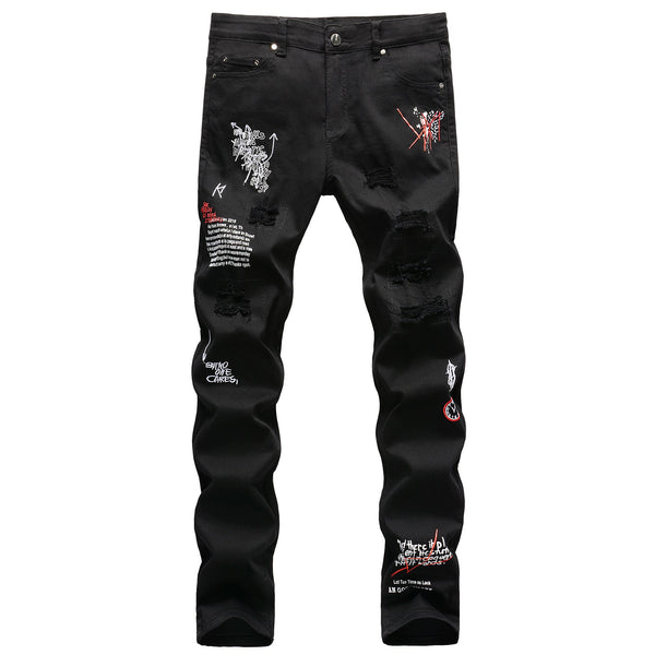 Slim-fit Ripped Embroidery Denim Jeans