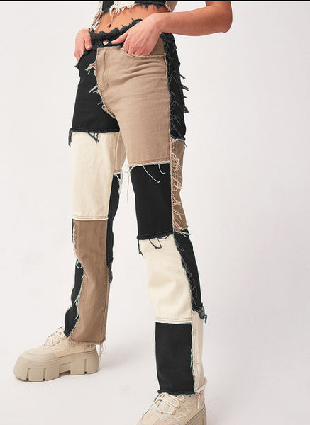 Colorful Patchwork Straight-Leg Jeans