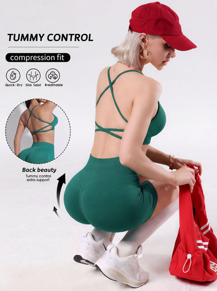 Cross Back Yoga Set with Tummy Control Shorts