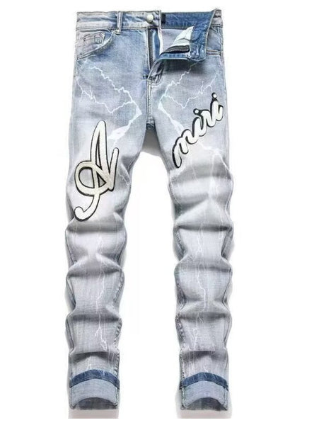 Slim Fit Embroidered Patch Denim Pants for Men