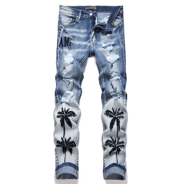 Embroidered Ripped Slim Fit Jeans