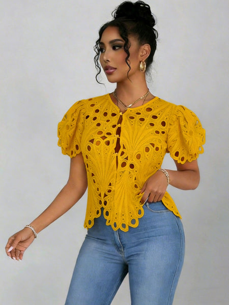 Hollowed-Out Lace Bell Sleeve Shirts