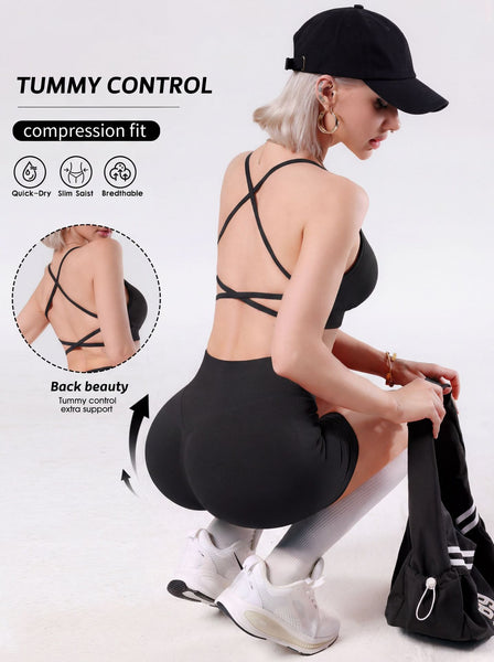 Cross Back Yoga Set with Tummy Control Shorts