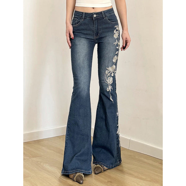 Rose Embroidered Denim Bootcut Jeans