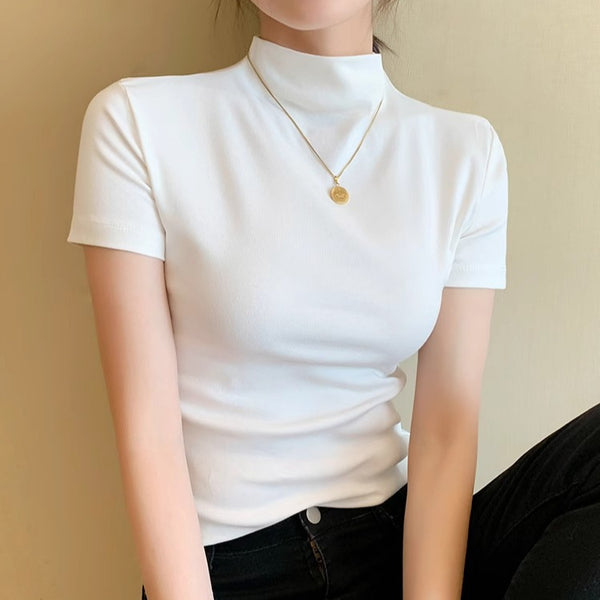 Half Turtleneck Short-Sleeve Cotton Shirt