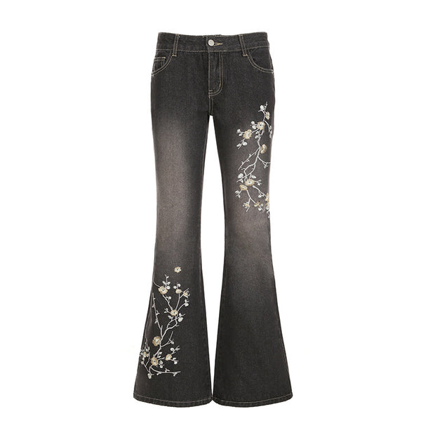 Floral Embroidery Washed Jeans