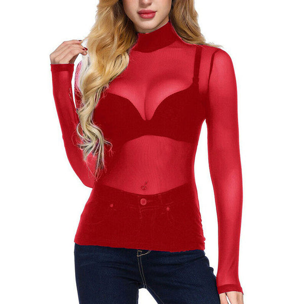 Black Sheer Long-Sleeve Tops