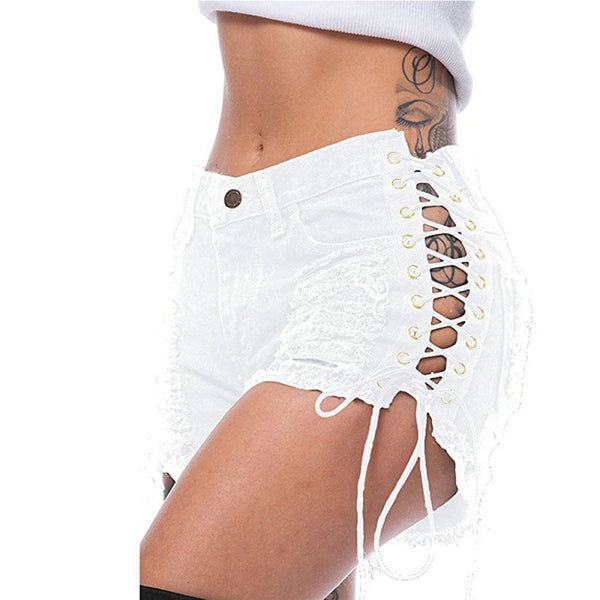 Ripped Lace-Up Denim Shorts