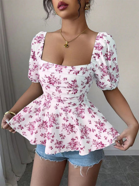 Floral Print Square Neck Puff Sleeve Blouse