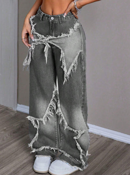 Star Patchwork Denim Wide Leg Jeans