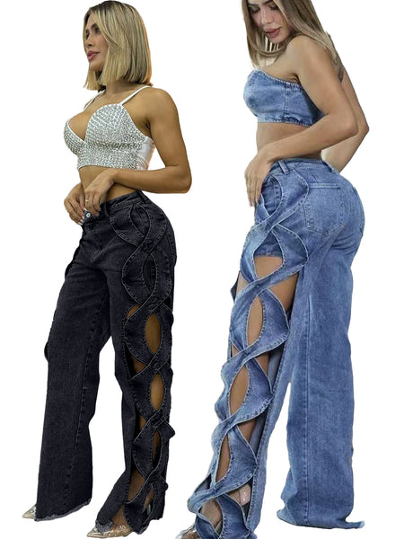 Side Hollow Denim Patchwork Jeans