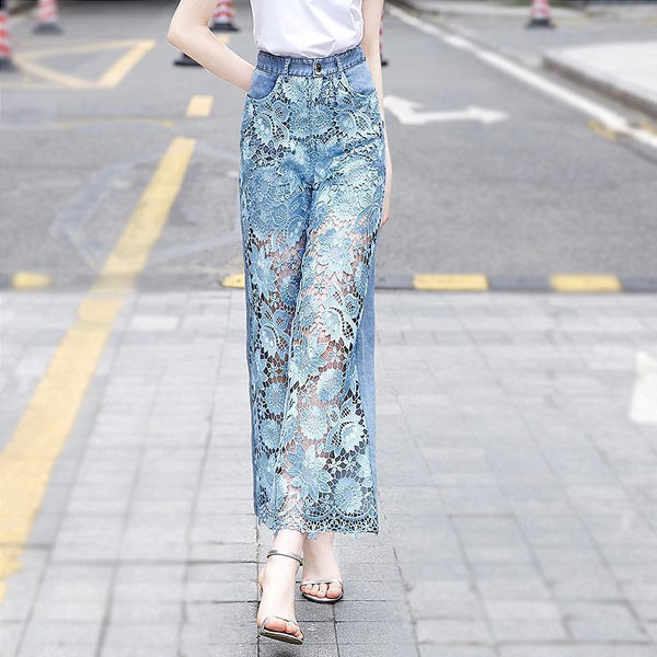 Lace Patchwork Straight Leg Denim Jeans