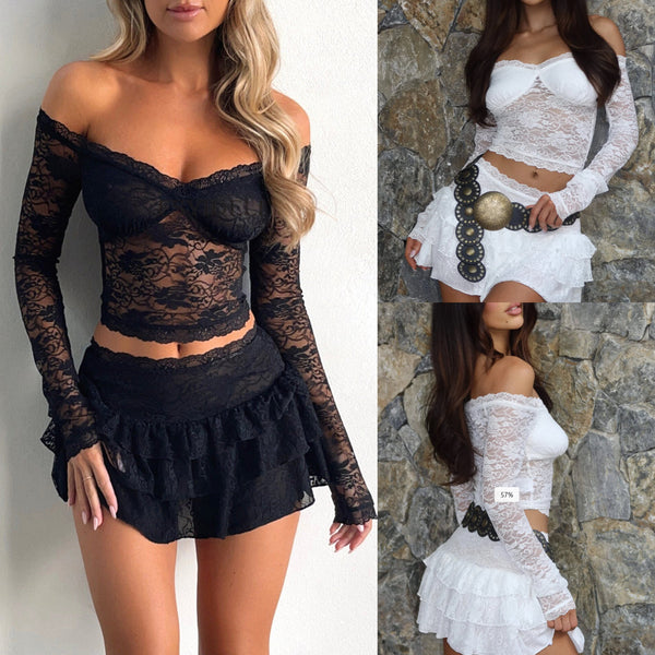 Long-Sleeve Lace Shirt with Skirt