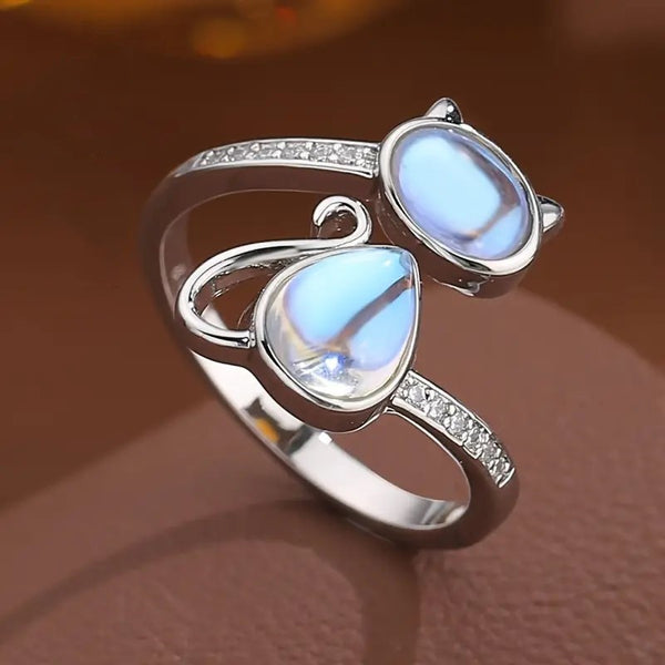 Adjustable Moonstone Cat Shaped Alloy Ring