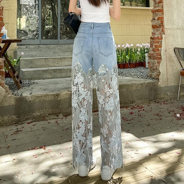 Lace Patchwork Straight Leg Denim Jeans