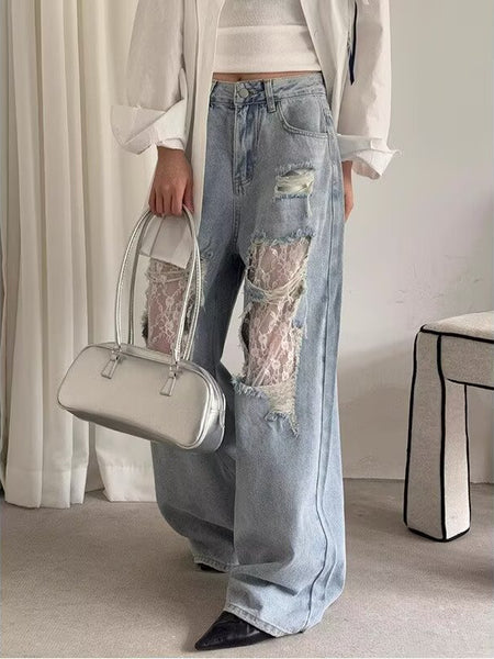 Ripped Denim Wide Leg Jeans