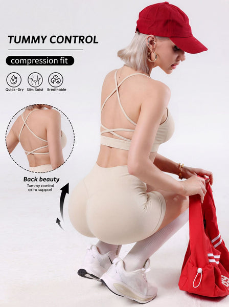Cross Back Yoga Set with Tummy Control Shorts