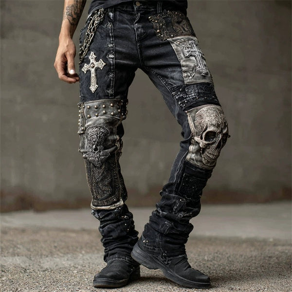 Mens 3D Print Skull Design Slim Fit Pants