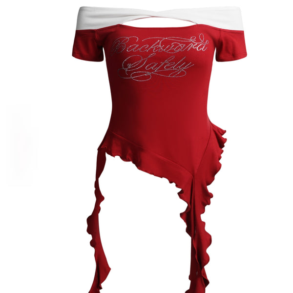 Embroidered Off-Shoulder Ribbon Shirt