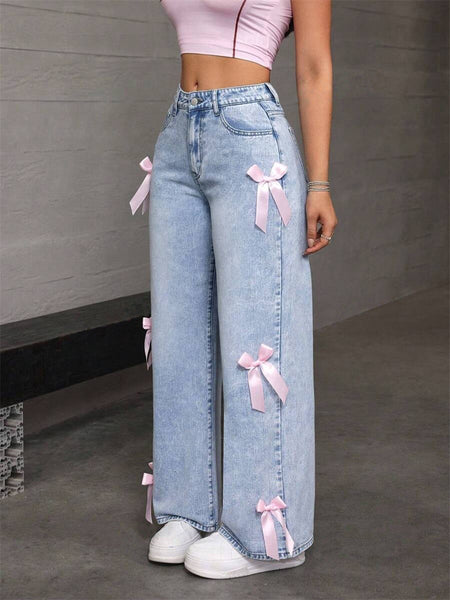 Bow-Accented Washed Jeans
