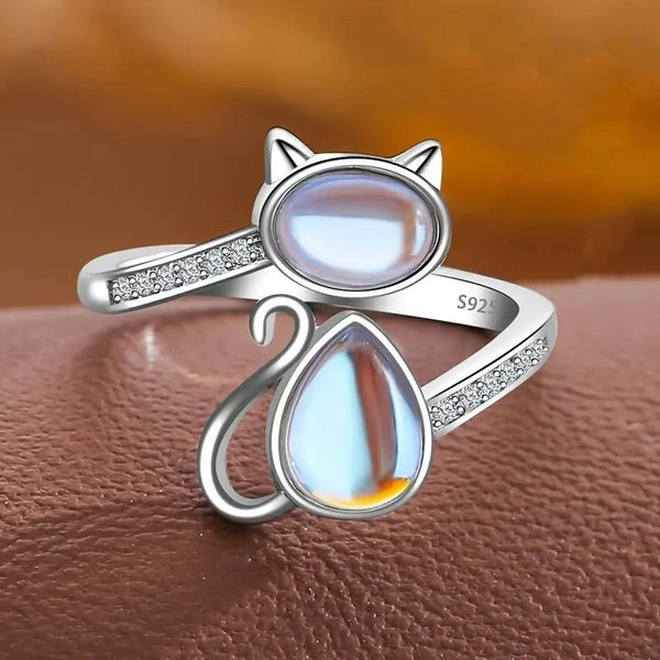 Adjustable Moonstone Cat Shaped Alloy Ring