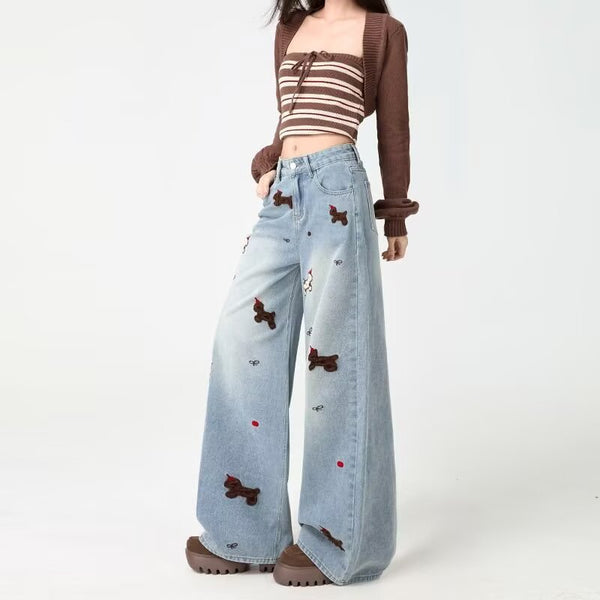 Embroidered Wide-Leg Denim Jeans