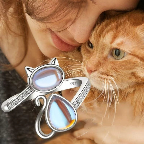 Adjustable Moonstone Cat Shaped Alloy Ring