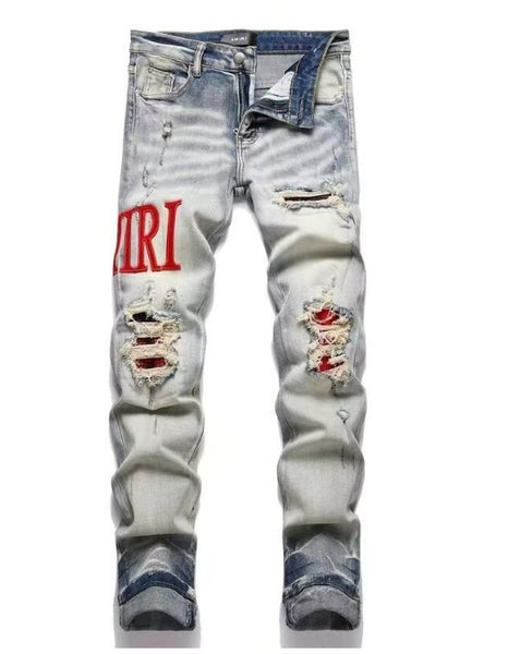 Slim Fit Embroidered Patch Denim Pants for Men