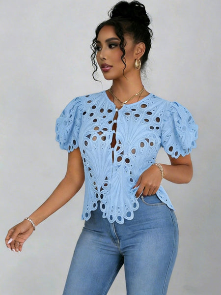 Hollowed-Out Lace Bell Sleeve Shirts