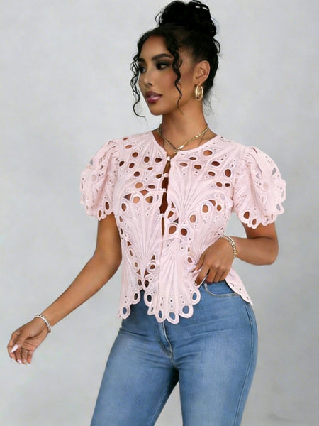 Hollowed-Out Lace Bell Sleeve Shirts