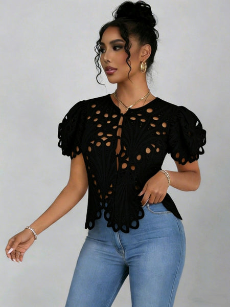 Hollowed-Out Lace Bell Sleeve Shirts