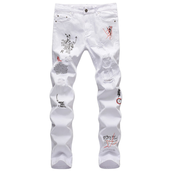 Slim-fit Ripped Embroidery Denim Jeans