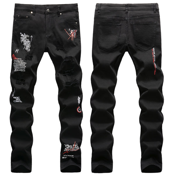 Slim-fit Ripped Embroidery Denim Jeans