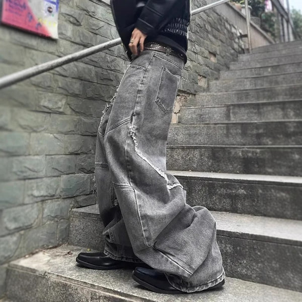 American Retro Washed Distressed Jeans Loose Straight Pants