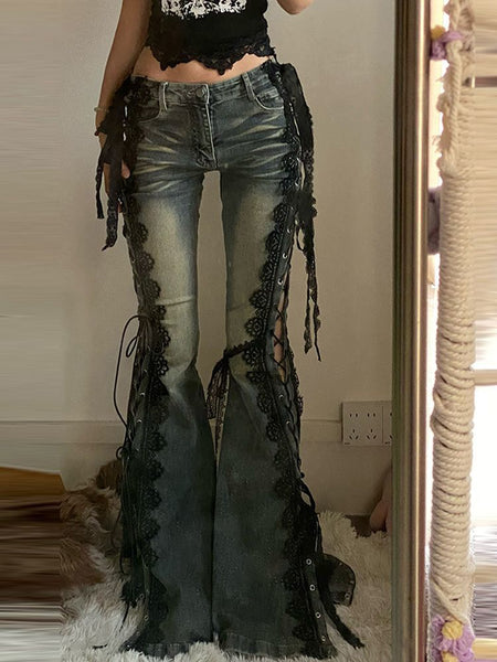 Womens Flared Denim Pants with Lace