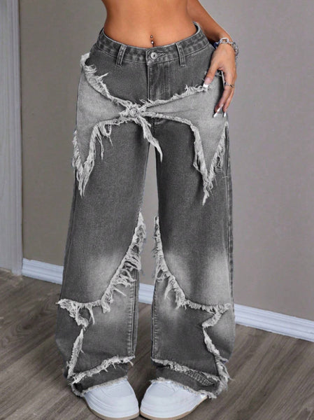 Star Patchwork Denim Wide Leg Jeans