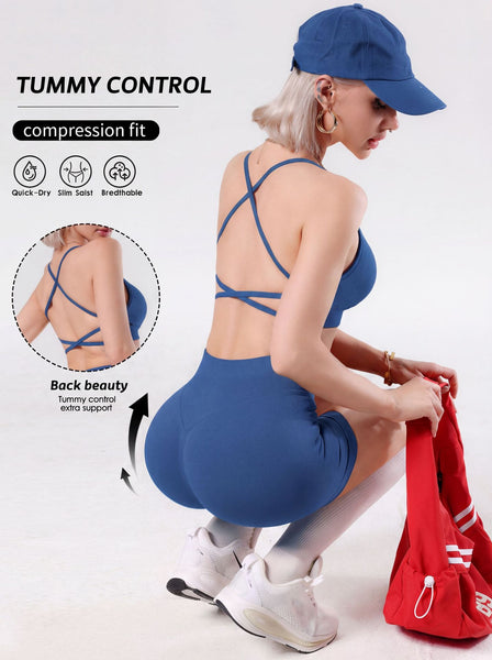 Cross Back Yoga Set with Tummy Control Shorts