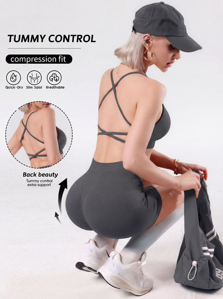 Cross Back Yoga Set with Tummy Control Shorts